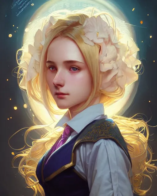 Image similar to portrait of a busy young adult college female, magic uniform university, light - coloured hair, large messy hair style, fantasy building, intricate, sharp focus, lens flare, bloom, rim light, illustration, highly detailed, digital painting, concept art, matte, art by wlop and artgerm and greg rutkowski and alphonse mucha, masterpiece