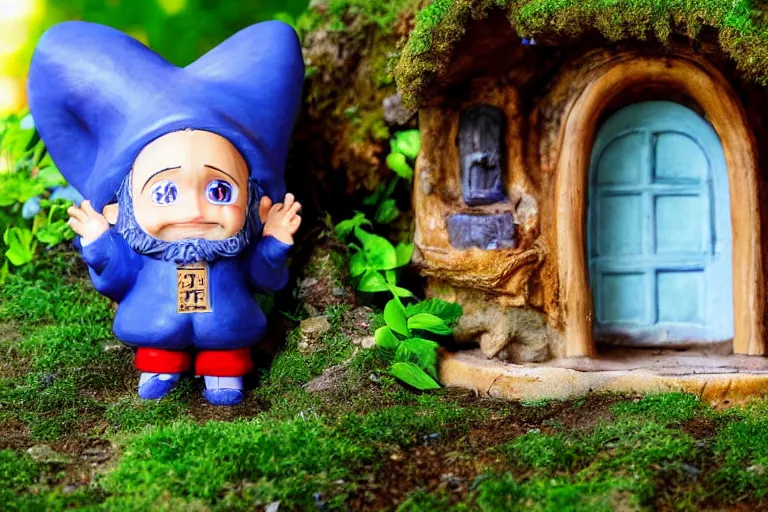 Prompt: tom hanks, anime gnome, on doorstep, mushroom house, lush green plants, flowers, hyper realism, macro shot, blue sky, sunny