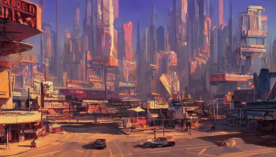 Prompt: a beautiful painting of a retro future cityscape, ray traced lighting by jean claude mezieres