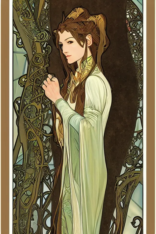 Prompt: A female Sindarin elf in the style of Alphonse Mucha