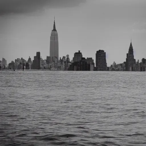 Image similar to flooded NYC with only the Empire State Building visible above the water