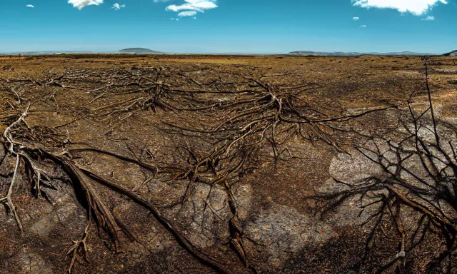 Image similar to beautiful panorama of many magnificent big upside-down raindrops in a perfect cloudless blue sky above a dried up river, desolate land, dead trees, blue sky, hot and sunny highly-detailed, elegant, dramatic lighting, artstation, 4k, cinematic landscape, masterpiece photograph by Elisabeth Gadd, National Geographic