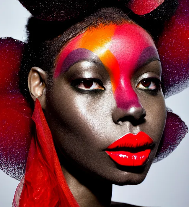 Image similar to photography face portrait of one beautifull black woman, stylish hair, with red lips and colorfull makeup in rainforest, wearing one organic futurist cape designed by iris van herpen,, photography by paolo roversi nick knight, helmut newton, avedon, and araki, sky forest background, natural pose, highly detailed, skin grain detail