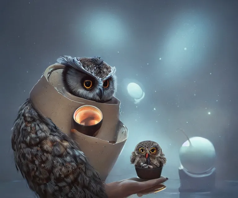 Image similar to long shot of a very cute owl chick nesting in a very futuristic cup, esao andrews, humorous illustration, hyperrealistic, big depth of field, warm colors, night scenery, low light, 3 d octane render, 4 k, conceptart, hyperdetailed, hyperrealistic, trending on artstation