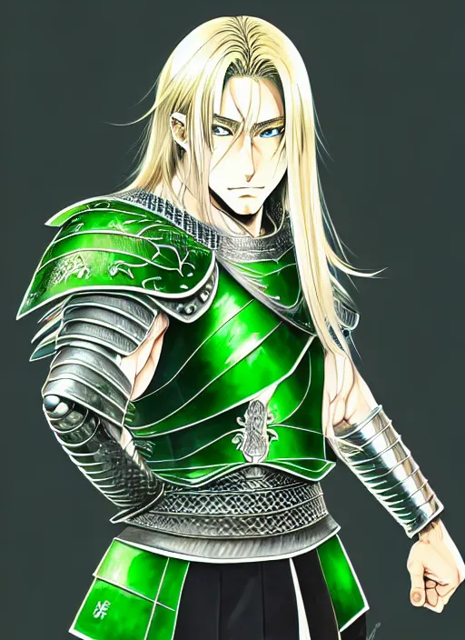 Image similar to a detailed manga full body portrait illustration of a man with long blonde hair wearing bladed jade green armour by hirohiko araki, detailed artwork, realism, 4 k resolution, detailed, high quality, sharp focus, hq artwork, insane detail, volumetric lighting, character concept art, fine details, clear subject, central subject