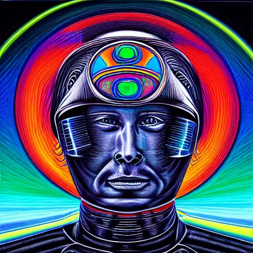 Prompt: a portrait of an astronaut in the style of alex grey,