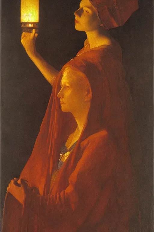 Image similar to queen of the twilight with her lantern , by Annie Swynnerton and Nicholas Roerich and Vermeer, strong dramatic cinematic lighting , ornate headdress , lost civilizations, smooth, sharp focus, extremely detailed