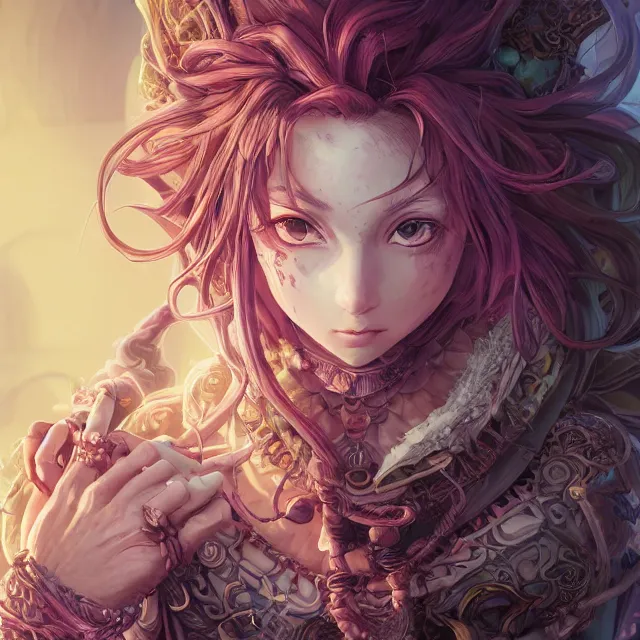 Image similar to the portrait of chaotic good female druid alchemist as absurdly beautiful, gorgeous, elegant, young anime girl, an ultrafine hyperdetailed illustration by kim jung gi, irakli nadar, intricate linework, sharp focus, bright colors, octopath traveler, final fantasy, unreal engine 5 highly rendered, global illumination, radiant light, detailed and intricate environment