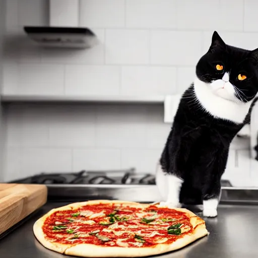 Image similar to black and white exotic shorthair making pizza in a modern kitchen, realistic photo,