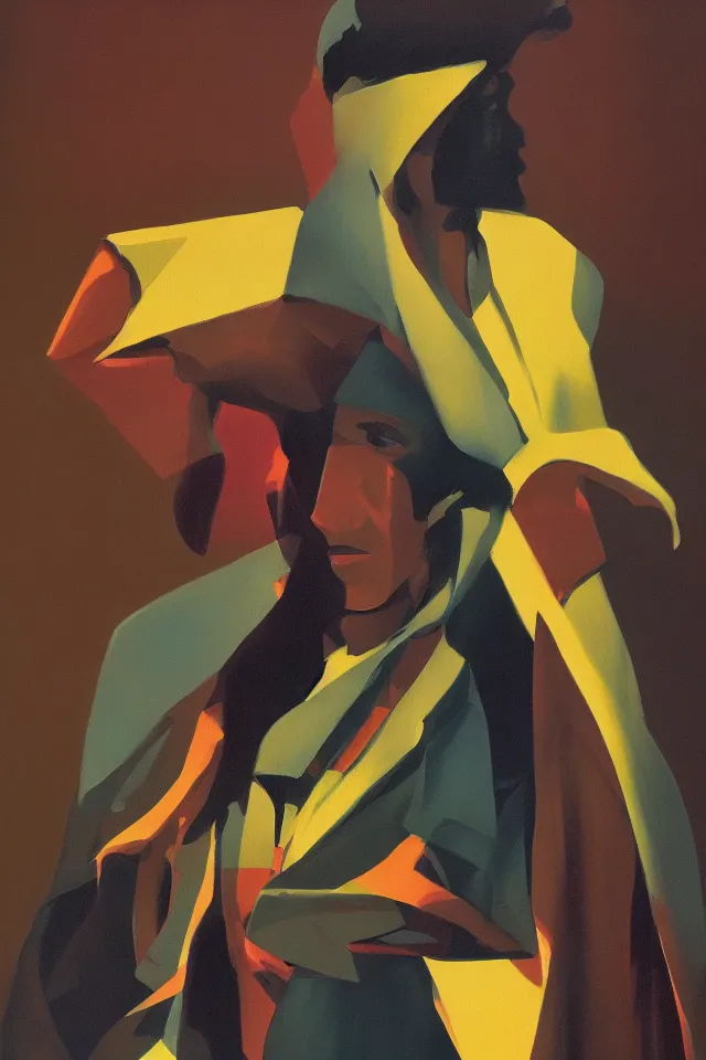 Image similar to chiaroscuro oil painting of a modern shaman, modern minimal isei miyake outfit, in the style of syd mead, jeremy cowart, concept art