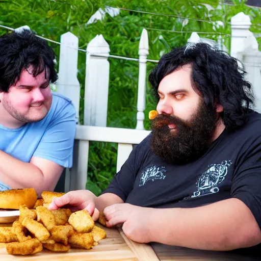 Prompt: overweight 2 0 year old with messy black hair and big beard eating burgers and chicken nuggets on his back porch table