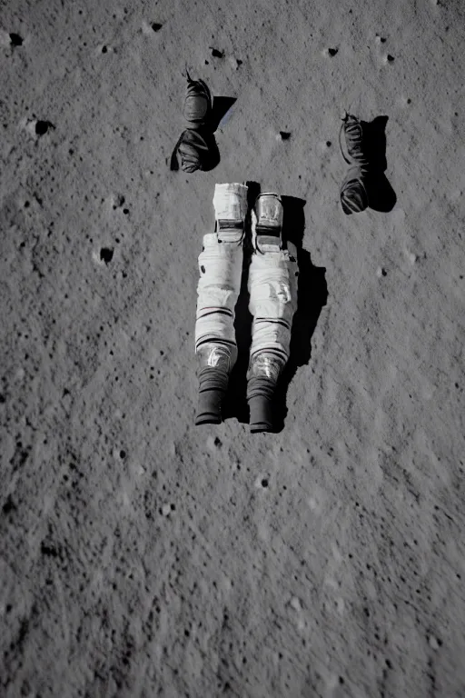 Image similar to afull body photography of an astronaut on the surface of the moon, bottom - view, focus on his foot, low angle, out - space in background, photography, photo - shot, shooting, cinematic lighting, 8 k