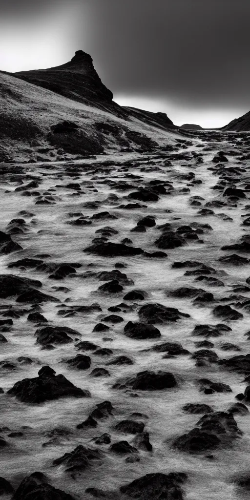 Image similar to minimalist black and white photograph of an icelandic, canyons, time exposure, of a river, large sharp rocks,