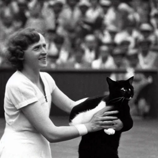 Prompt: A photo of a black and white cat who has just won Wimbledon 1937