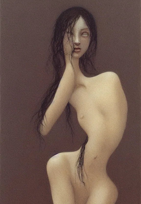 Prompt: young female with pale white skin and short black hairs, by Beksinski