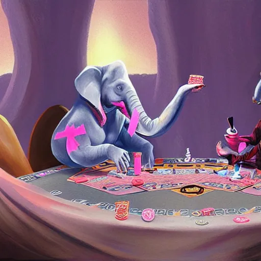 Image similar to a pink elephant playing poker at the sahara desert, concept art, masterpiece art.