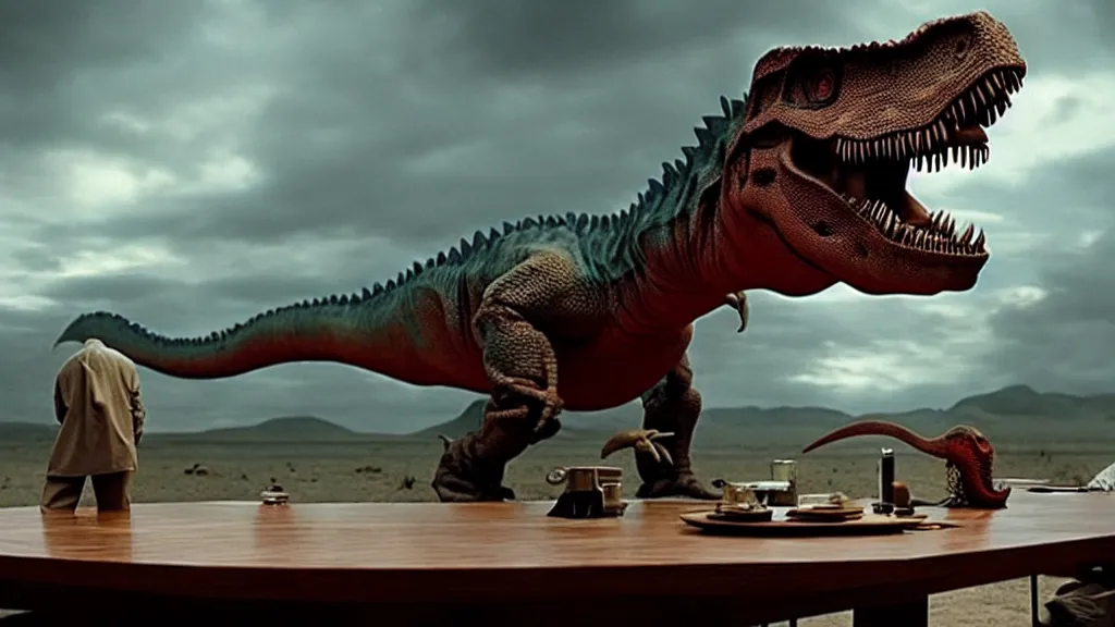 Prompt: the strange dinosaur sits at a table, film still from the movie directed by Denis Villeneuve with art direction by Salvador Dalí, long lens, shallow depth of field