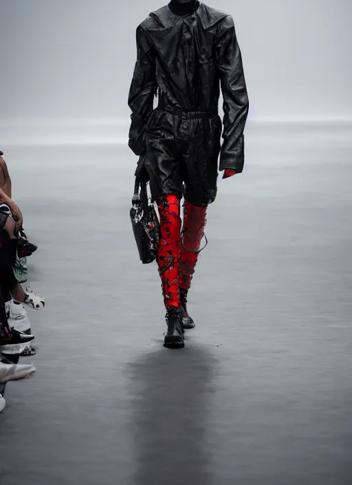 Image similar to hyperrealistic and heavy detailed balenciaga avant garde runway show of jason voorhees, leica sl 2 5 0 mm, vivid color, high quality, high textured, real life, full body in shot, far distance, thunder storm