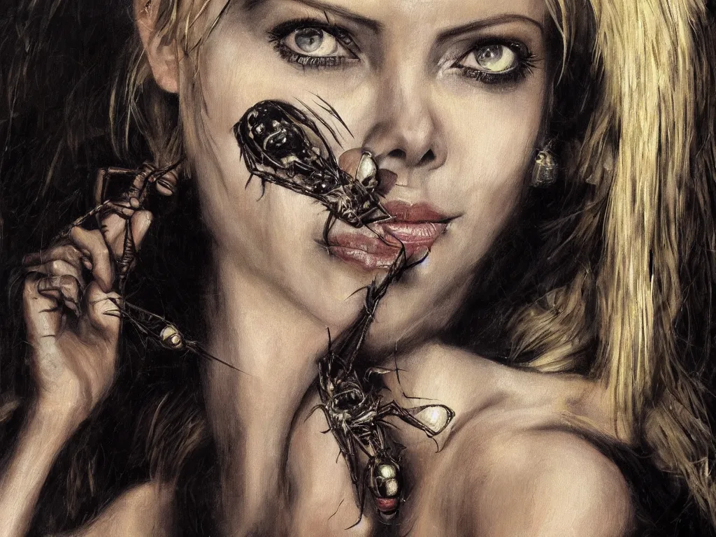 Image similar to An up close portrait painting of Charlize Theron with giant spider legs and hair needles wearing a dress of shadows and crawling out of a volcano, illustration, detailed, award-winning, trending on artstation, hyper realistic face, by Frank Frazetta, by John Bauer, by H.R. Giger