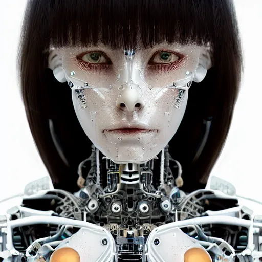 Prompt: beautiful centered fine art photo portrait of sleepy beautiful girl as a solarpunk robotic humanoid, white mechanical parts with led lights, photorealistic, white background, highly detailed and intricate, soft box lighting, hdr 8 k