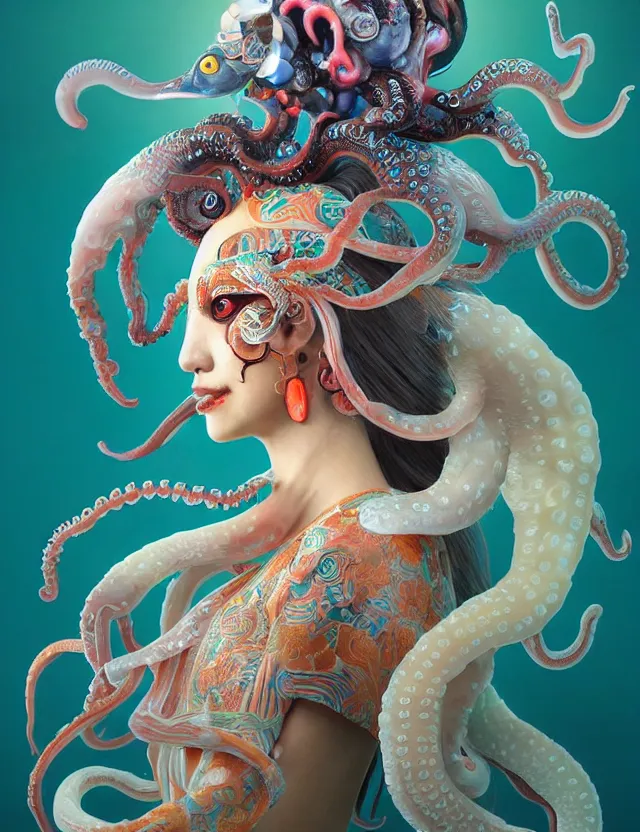 Image similar to 3 d goddess squid half - turn portrait with long hair with ram skull. beautiful intricately detailed japanese crow kitsune mask and clasical japanese kimono. betta fish, jellyfish phoenix, bio luminescent, plasma, ice, water, wind, creature, artwork by tooth wu and wlop and beeple and greg rutkowski