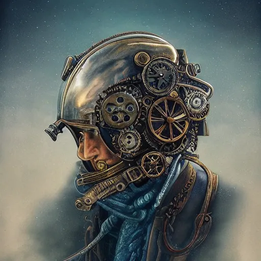 Prompt: dan mumford tom bagshaw, dream world curiosities carnival flying, photorealistic soft paint of a single very beautiful helmet full long steampunk metallic armored ornate, ultra deep fog, partial symmetry accurate features, focus, very intricate ultrafine details, award winning masterpiece, steampunk world