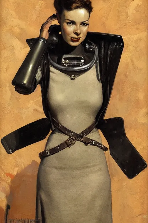 Image similar to 5 0 s pulp scifi fantasy illustration upper body portrait striking elegant mature woman in leather spacesuit by norman rockwell, roberto ferri, daniel gerhartz, edd cartier, jack kirby, howard v brown, ruan jia, tom lovell, frank r paul, jacob collins, dean cornwell, astounding stories, amazing, fantasy, other worlds