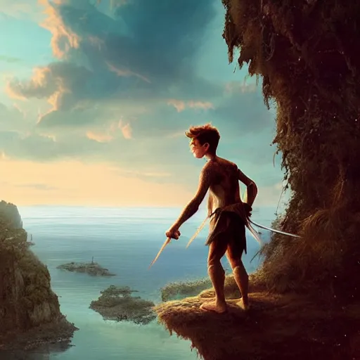 Prompt: Tom Holland as peter pan,looking iver the horizon,river in front of him,detailed, 8k hd,by rossdraws and greg rutkowski,