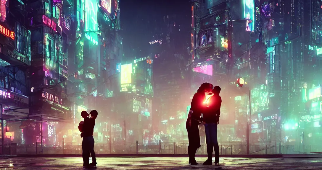 Prompt: couple kissing in a cybercity, crowd on the background, misty, neon lights, highly detailed, octane render, netflix, old buildings on the background, digital art, trending on artstation