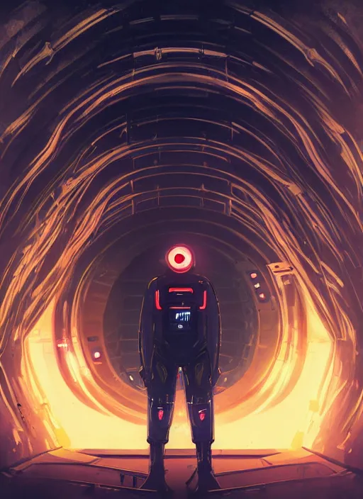 Image similar to a man in a space suit standing in a tunnel, cyberpunk art by neil blevins, cgsociety, retrofuturism, sci - fi, darksynth, dystopian art