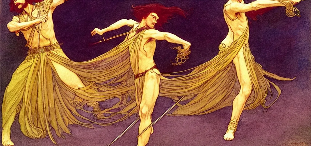 Image similar to a dual wielding golden swordsman leans back as he dances elegantly in the wind, his robes and long hair flowing in the breeze, his enemies lying on the ground below, fantasy, Mucha, MTG, Game of Thrones, salsa dancing, Rossetti, Millais