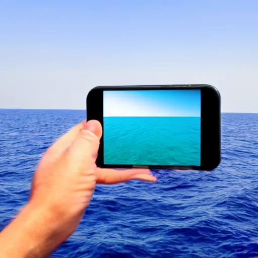 Image similar to hand holding a phone in the middle of the sea