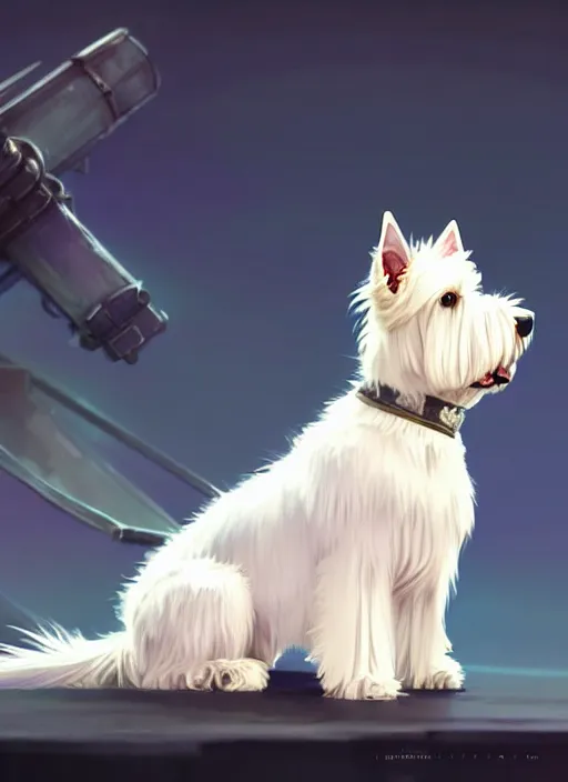 Image similar to a west highland white terrier sitting politely, facing the camera, anime art style, wearing futuristic, led - lit armor, and a cannon mounted on his back, portrait, high detail, sharp focus, digital painting, artstation, concept art, art by hayao miyazaki and artgerm and greg rutkowski and alphonse mucha.