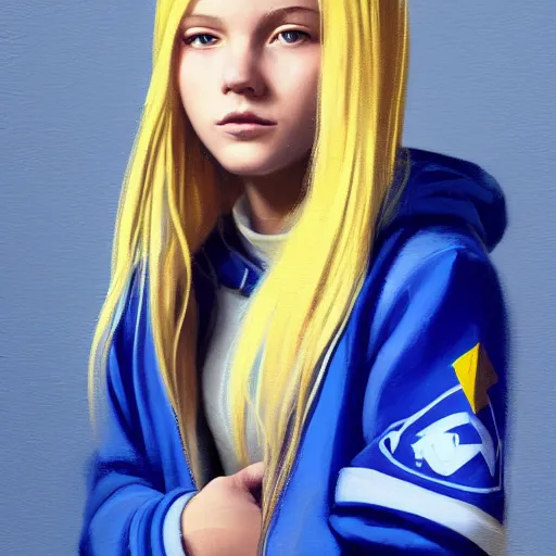 Image similar to greg manchess portrait of a beautiful teen girl with blonde hair, wearing a blue hoodie, as an overwatch character, medium shot, asymmetrical, swedish, cinematic lighting, window, profile picture, organic painting, matte painting, bold shapes, hard edges, street art, trending on artstation, by huang guangjian and gil elvgren and sachin teng