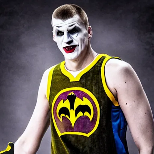 Image similar to Nikola Jokic as the joker, still from the Batman film