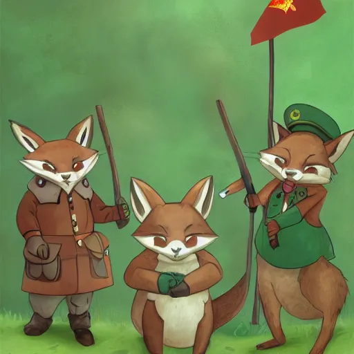 Prompt: 3 woodland critters, resistance, communist, bunny, mouse, fox, political meeting in the woods, antropomorphic, fantasy digital art, art station, green flags, green hats