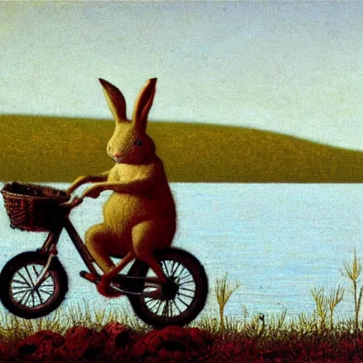 Prompt: rabbit riding a bike by the lake, by michael sowa.