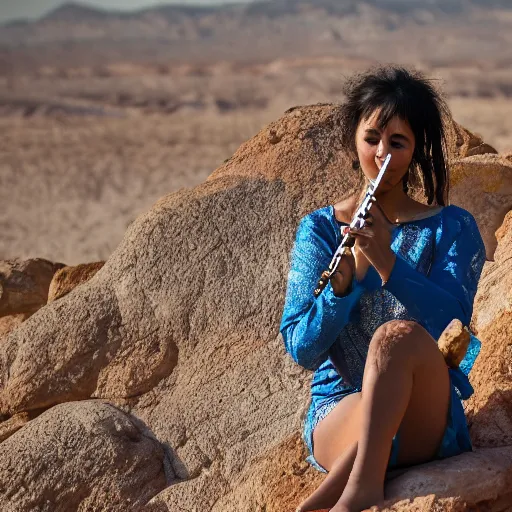 Prompt: a female playing flute whilst sitting on a rock in the desert. cinematic 8 k, depth of field, bokeh.