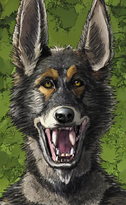 Image similar to close up character portrait icon of the german shepard beast - man military uniform head animal person wearing clothes standing in the bright forest, hidari, color page, tankoban, 4 k, tone mapping, akihiko yoshida