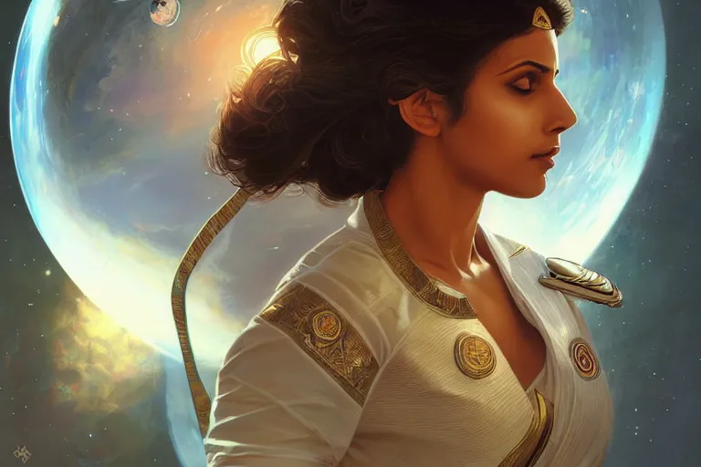 Image similar to Sensual beautiful female Aryan young Indian doctors wearing Deus Ex Human Revolution clothing in a space station above Earth, portrait, elegant, intricate, digital painting, artstation, concept art, smooth, sharp focus, illustration, art by artgerm and greg rutkowski and alphonse mucha