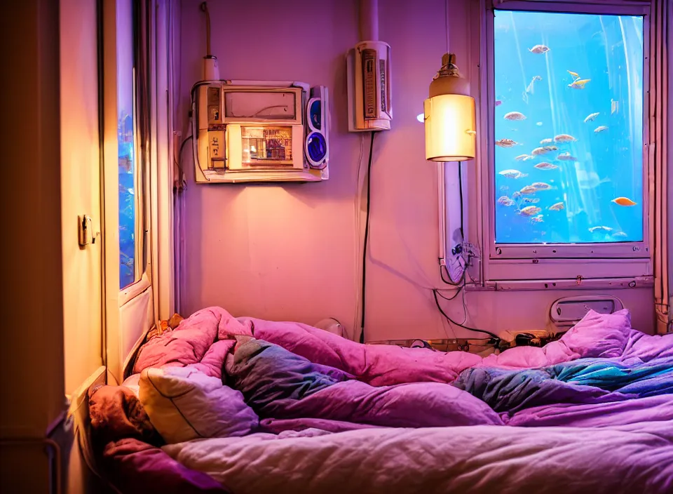 Image similar to telephoto 7 0 mm f / 2. 8 iso 2 0 0 photograph depicting the feeling of chrysalism in a cosy cluttered french sci - fi ( art nouveau ) cyberpunk apartment in a pastel dreamstate art cinema style. ( aquarium bed, computer screens, window ( city ), leds, lamp, ( ( ( bed ) ) ) ), ambient light.