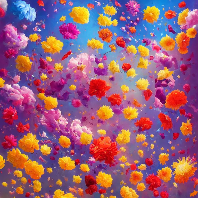 Image similar to a painting of a bunch of flowers floating in the air, a surrealist painting by rhads, james jean, alberto seveso, behance contest winner, psychedelic art, made of flowers, wallpaper, art