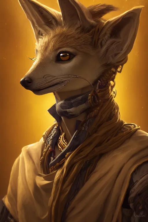 Prompt: portrait of young wild arabian nomad half anubian jackal, with yellow cloths, league of legends splash art, castlevania, hearthstone splash art, full body shot, rule of thirds, ultrafine hyperrealistic detailed face, artgerm, greg rutkowski, trending on artstation, 8 k, intricately detailed, highly detailed