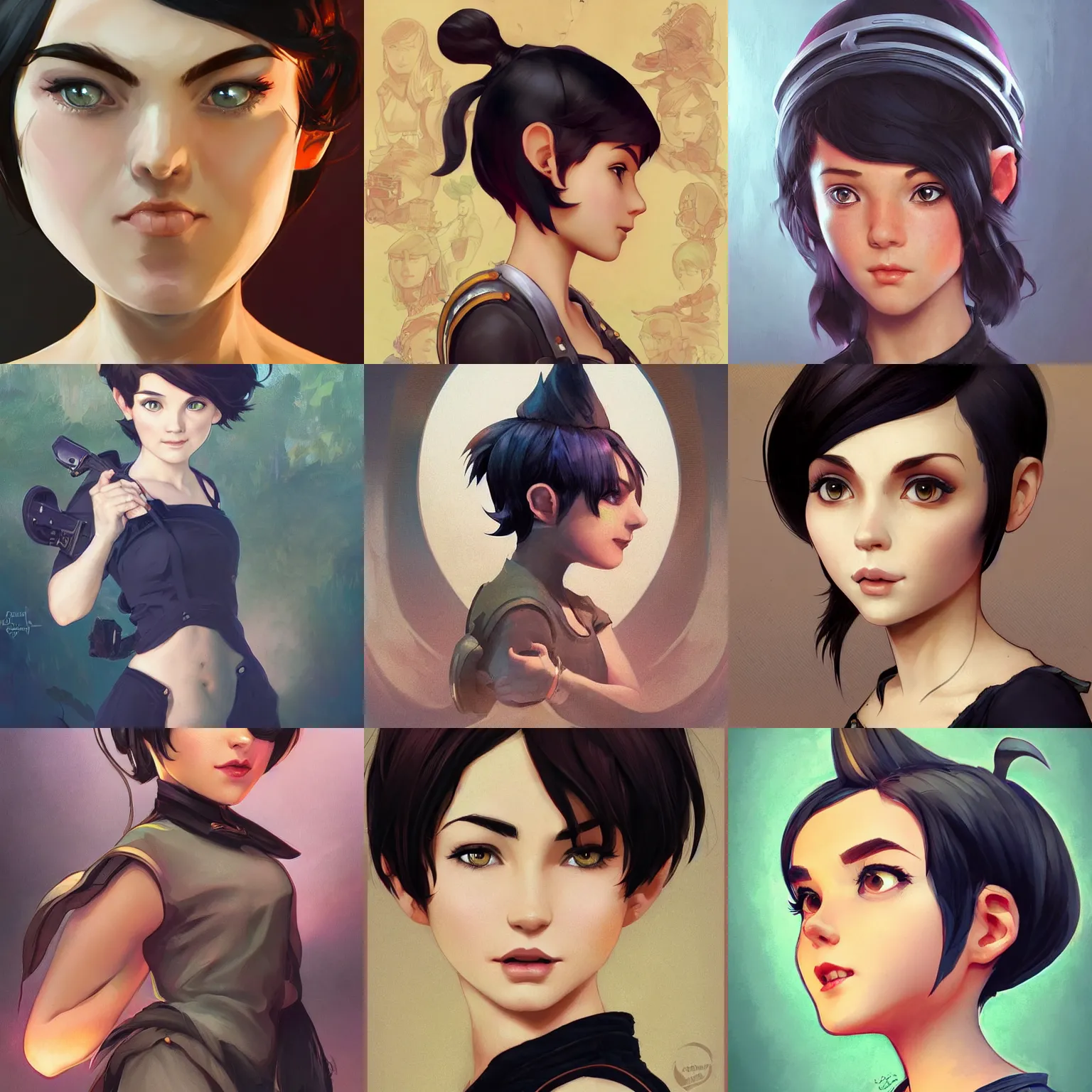 Prompt: gnome engineer girl with short black pixie undercut hair. highly detailed, digital painting, artstation, concept art, smooth, sharp focus, illustration, art by artgerm and alphonse mucha, high definition digital art, in the style of ilya kuvshinov and Ross tran