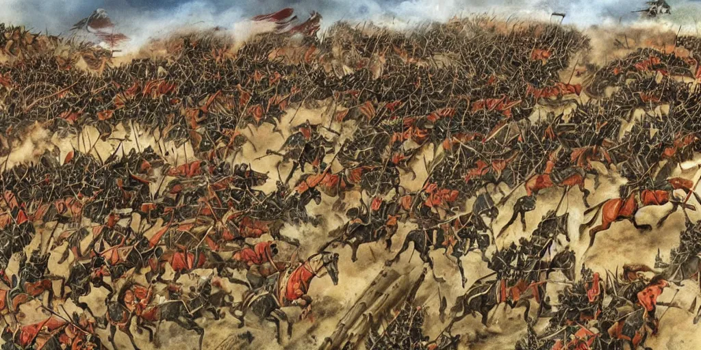 Image similar to medieval battlefield filled with cavalry fleeing from monster trucks