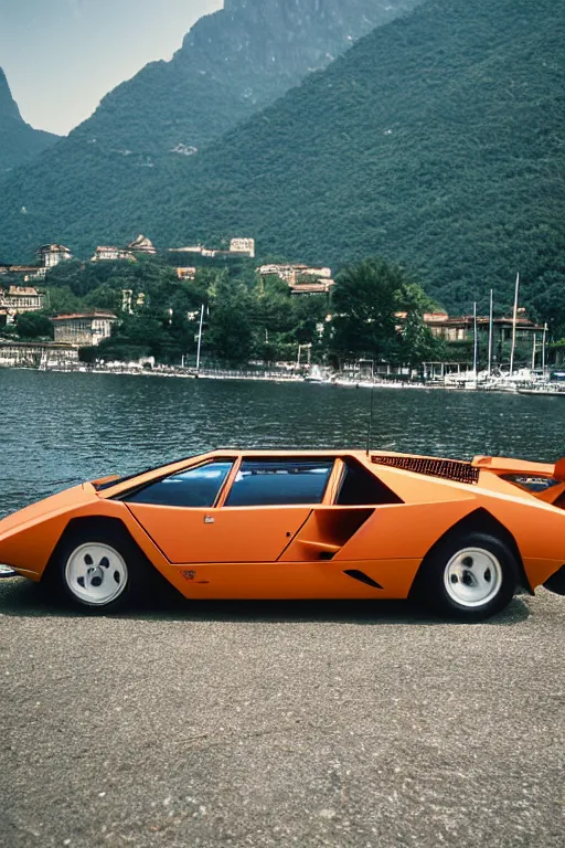 Image similar to Medium Format Portrait Photo of a Lamborghini Countach LP5000 QV parked on a dock in Lake Como, sunny, award winning, highly detailed, depth of field, Cinestill 800t, wide shot, photo print.