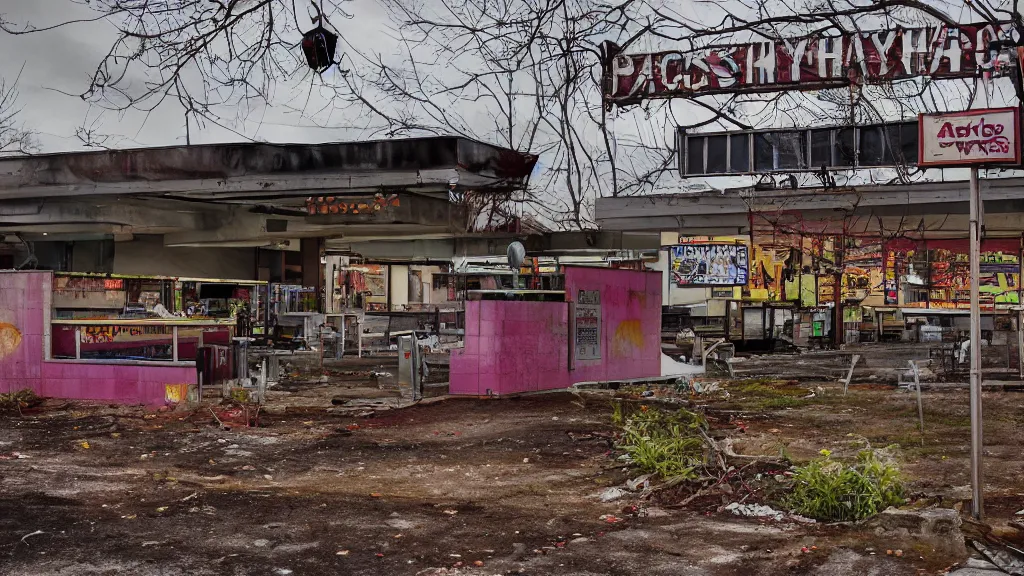 Image similar to psychedelic immaculate dogwood abandoned fastfood restaurant, postapocalypse, cinematic