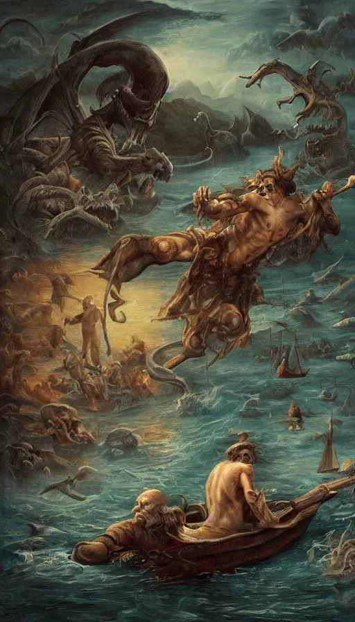 Image similar to man on boat crossing a body of water in hell with creatures in the water, sea of souls, by studio 4 c