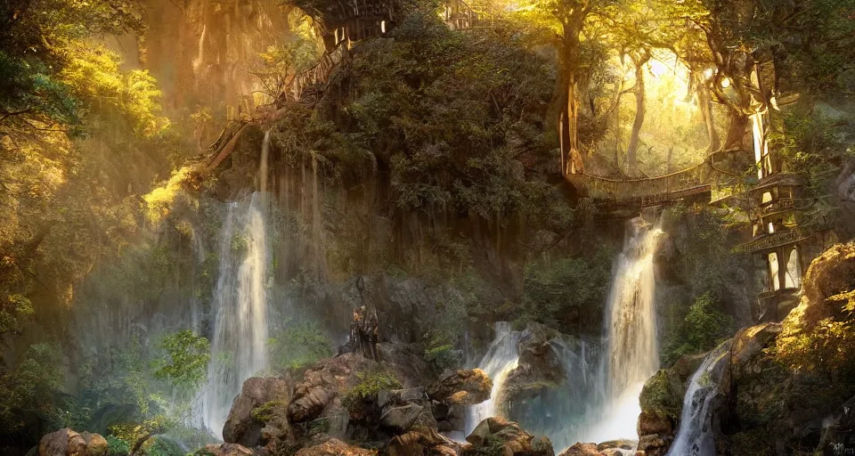 Image similar to rivendell steampunk, waterfalls from clif, dappled golden lighting, cinematic, photographic, realistic, highly detailed, matte painting