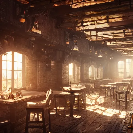 Image similar to ultra mega super hyper realistic Digital concept interior design of tavern in Cyberpunk style mixed with medieval style. Natural white sunlight from the transperient roof . Rendered in VRAY and DaVinci Resolve and MAXWELL and LUMION 3D, Volumetric natural light